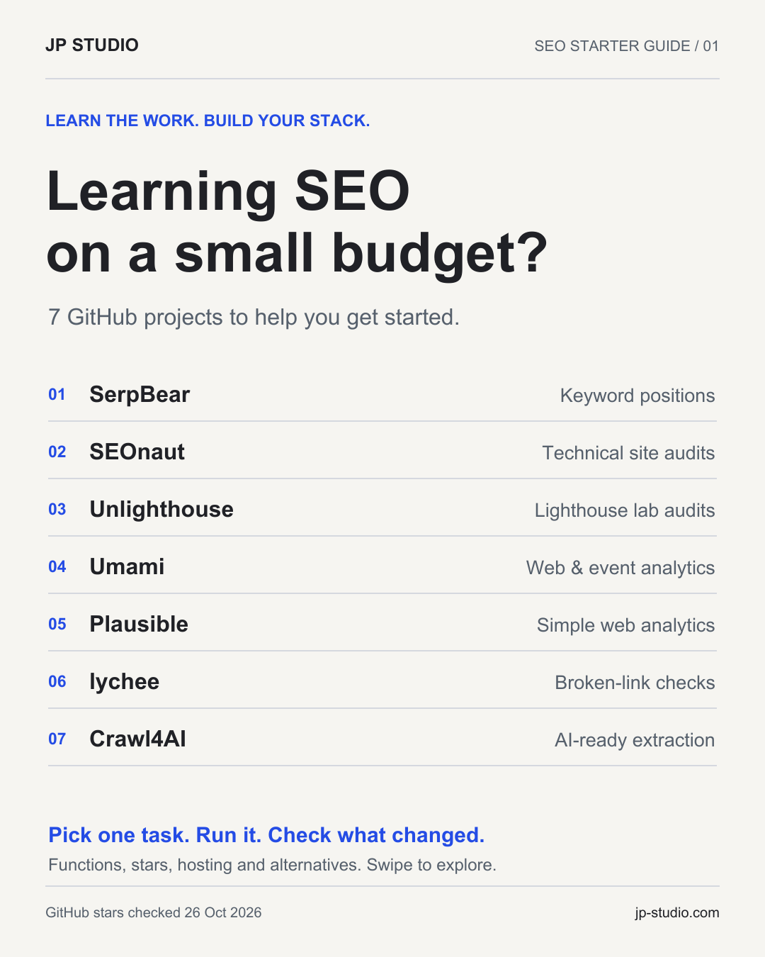 Omslag van de gids met zeven open-source SEO-tools